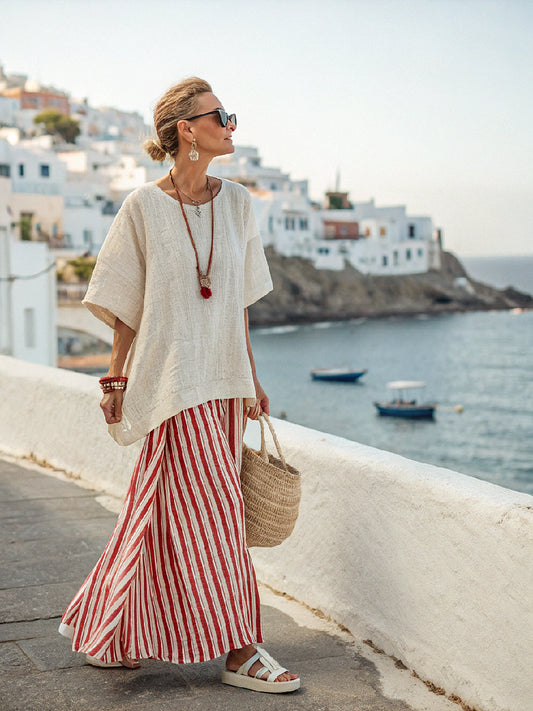 Cotton and linen women's skirt Striped Suit