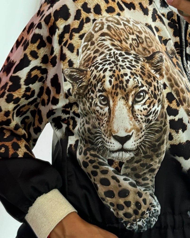 Leopard print drawstring bomber jacket
