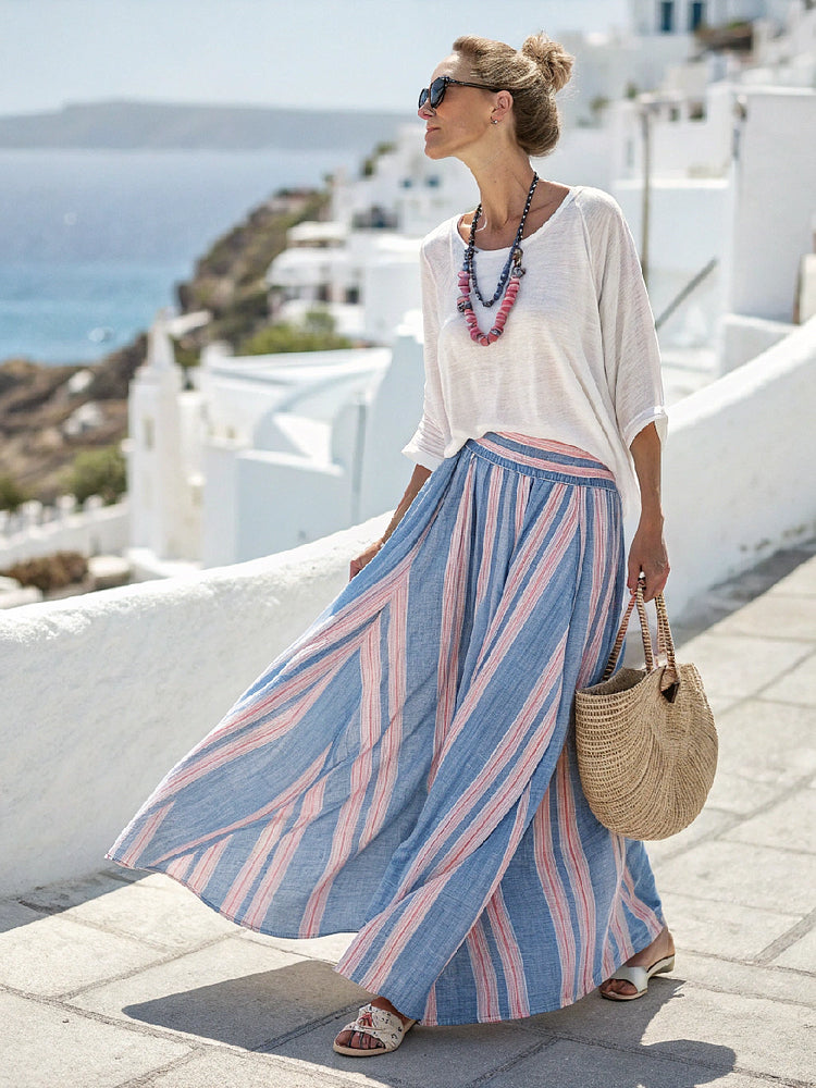 Cotton and linen women's Pink Blue Skirt Striped Suit