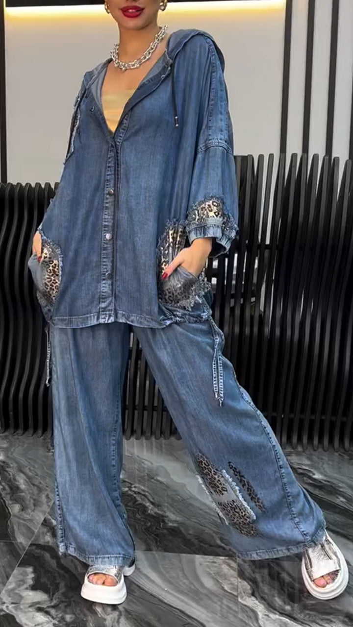 Lapel Silver Leopard Print Splicing Tencel Denim Casual Suit