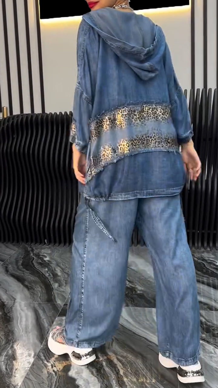Lapel Silver Leopard Print Splicing Tencel Denim Casual Suit