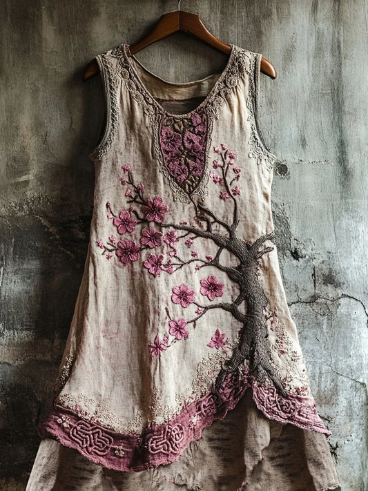 Women's Cherry Blossom Embroidery Lace Patchwork Art Linen Tank Dress
