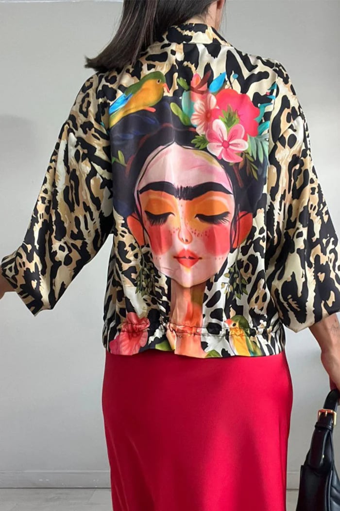 Leopard print drawstring bomber jacket