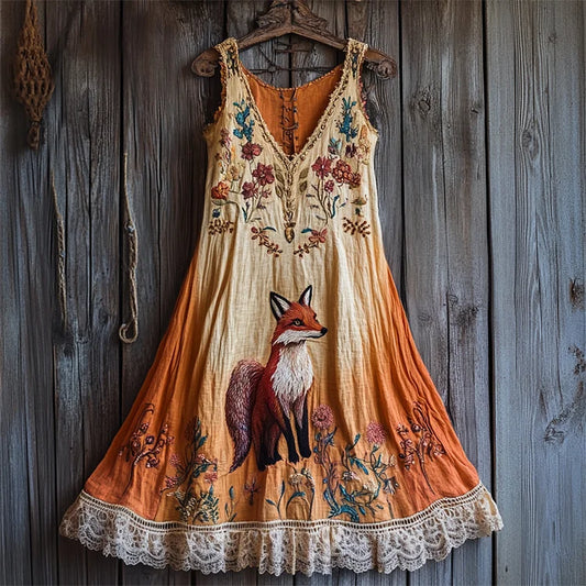 Vintage Fox Floral Embroidered Lace Hem Gradient Linen Dress