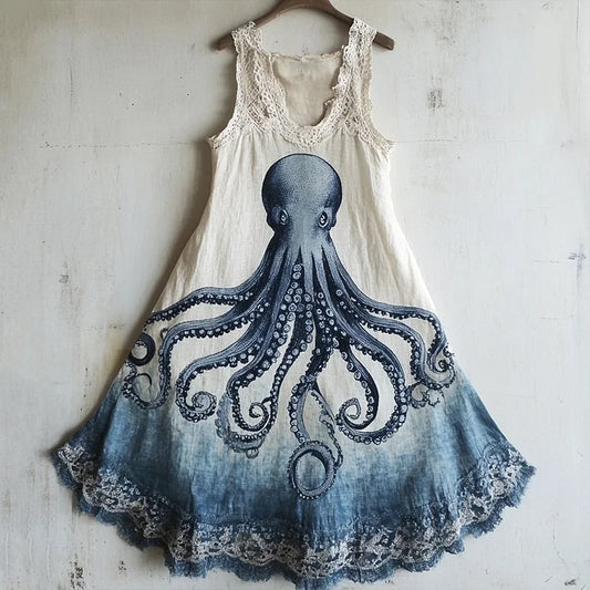 Octopus Pattern Lace Patchwork Linen Blend Dress