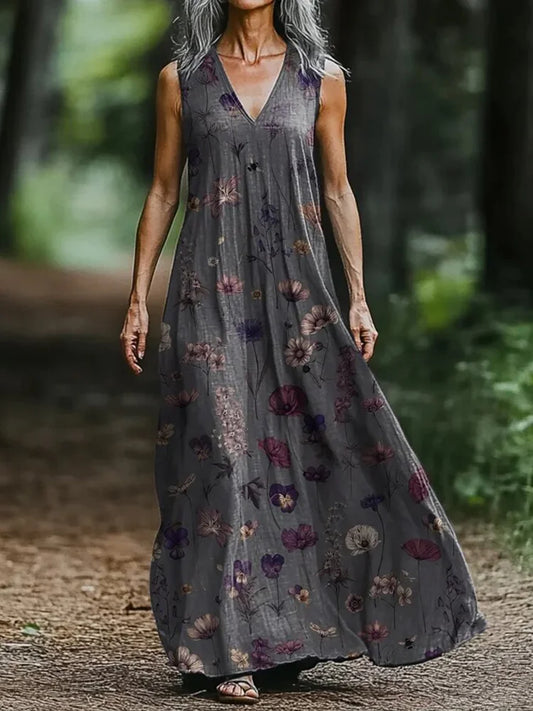 Women's Art Floral Vintage Print V Neck Tank Dress