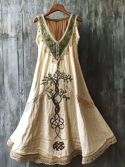 Vintage Viking Tree Of Life Embroidered V Neck Cozy Linen Dress