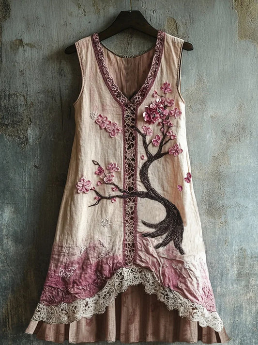 Women's Cherry Blossom Embroidery Lace Patchwork Art Linen Tank Dress