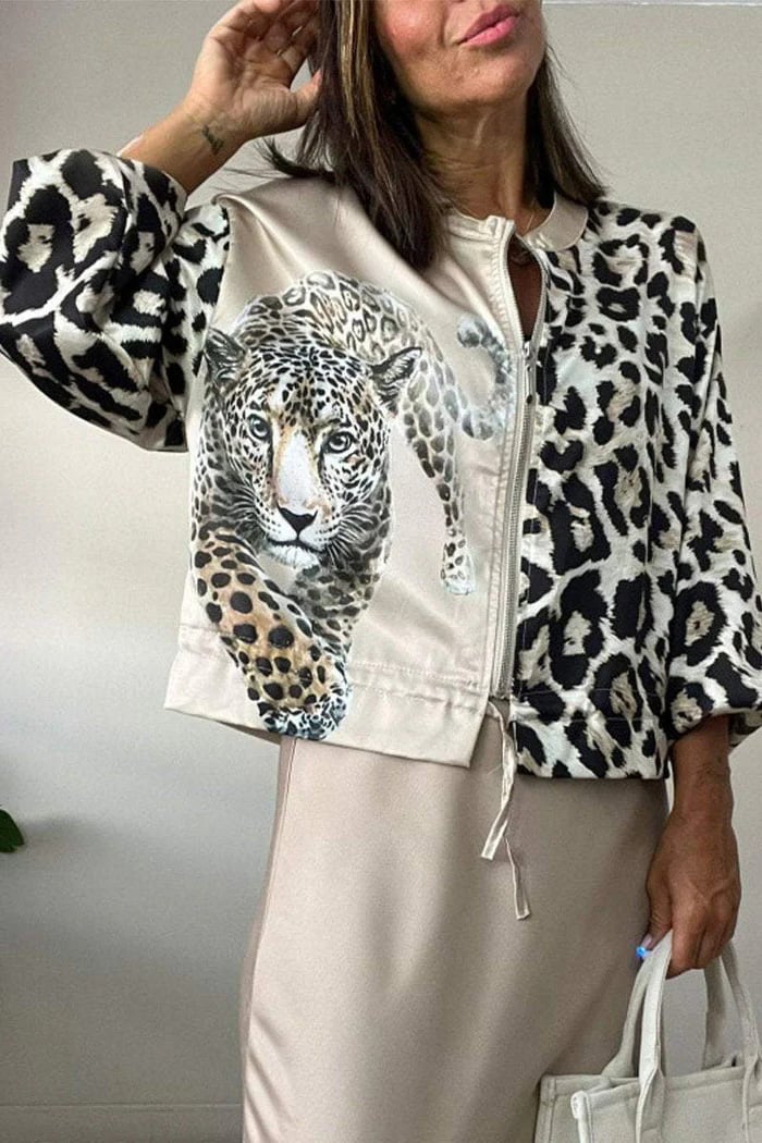 Leopard print drawstring bomber jacket