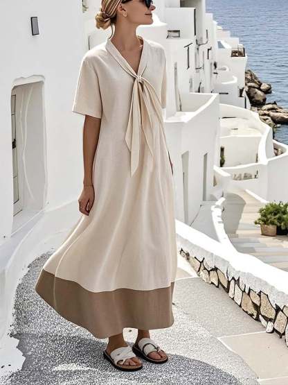 Loose Knot Neck Stitching Contrast Color Dress
