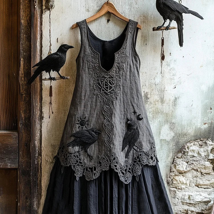 Women's Tribal Raven Embroidery Celtic Lace Art Tank Dress