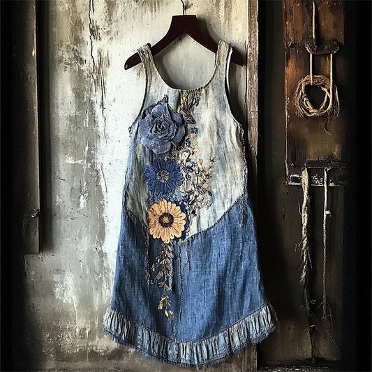 Flowers Washed Denim Textile Patchwork Tank Dress
