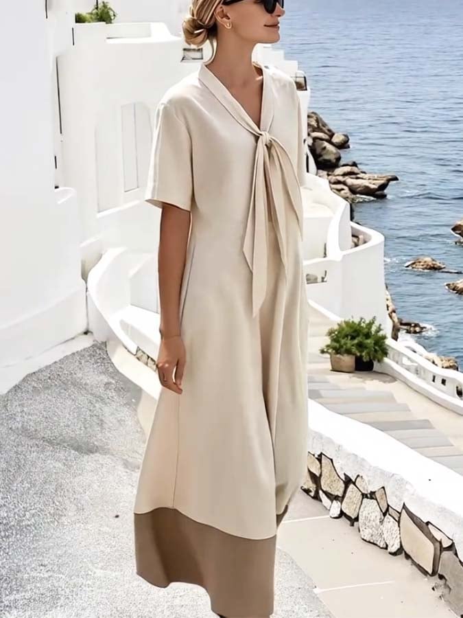 Loose Knot Neck Stitching Contrast Color Dress