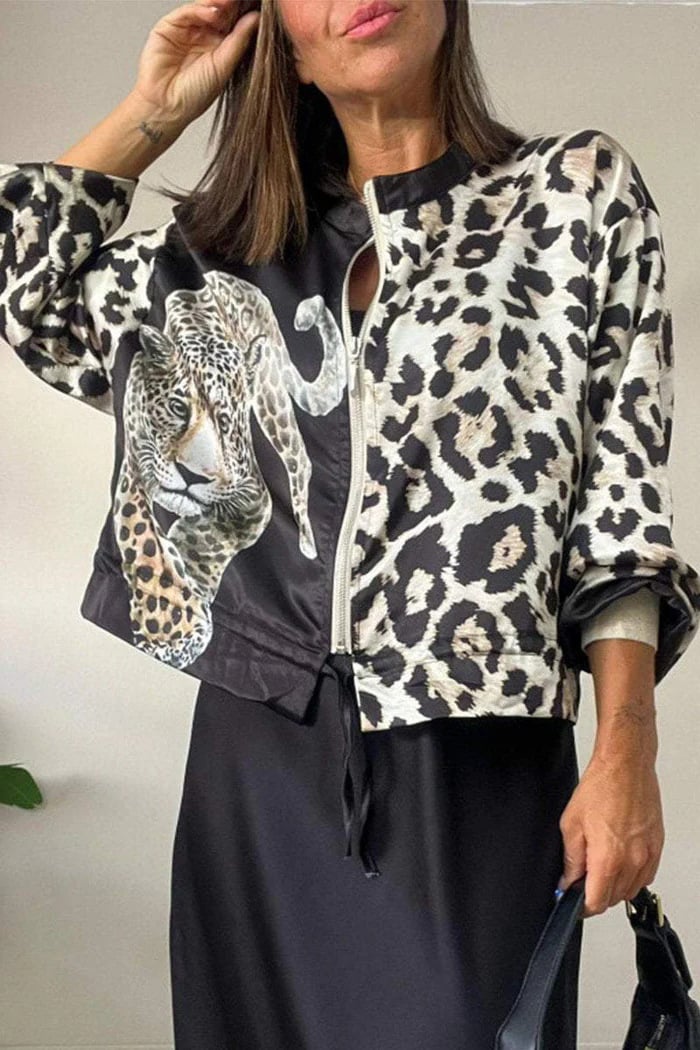 Leopard print drawstring bomber jacket