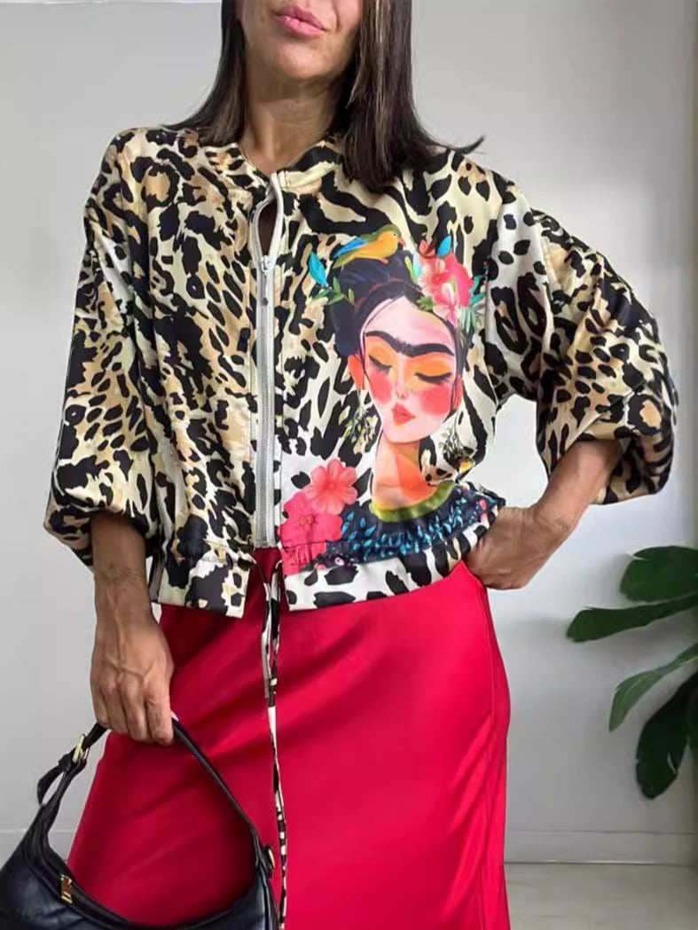Leopard print drawstring bomber jacket