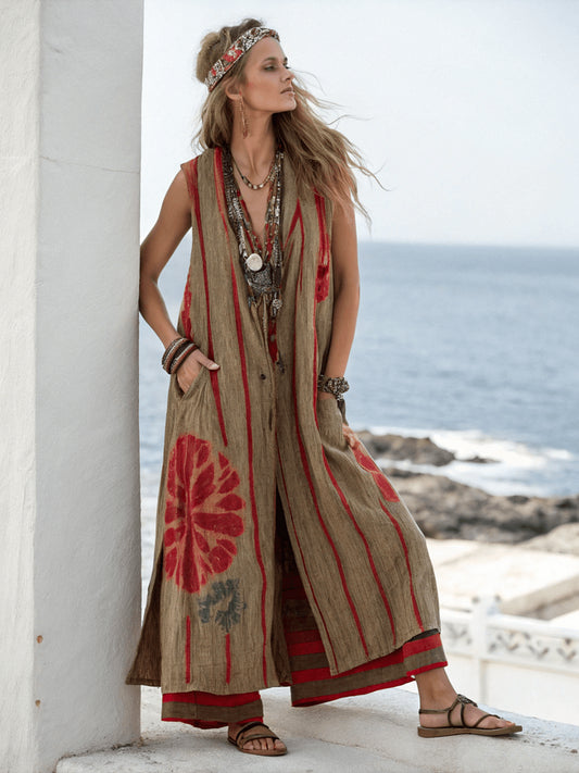 Cotton and linen long vest suit Brown