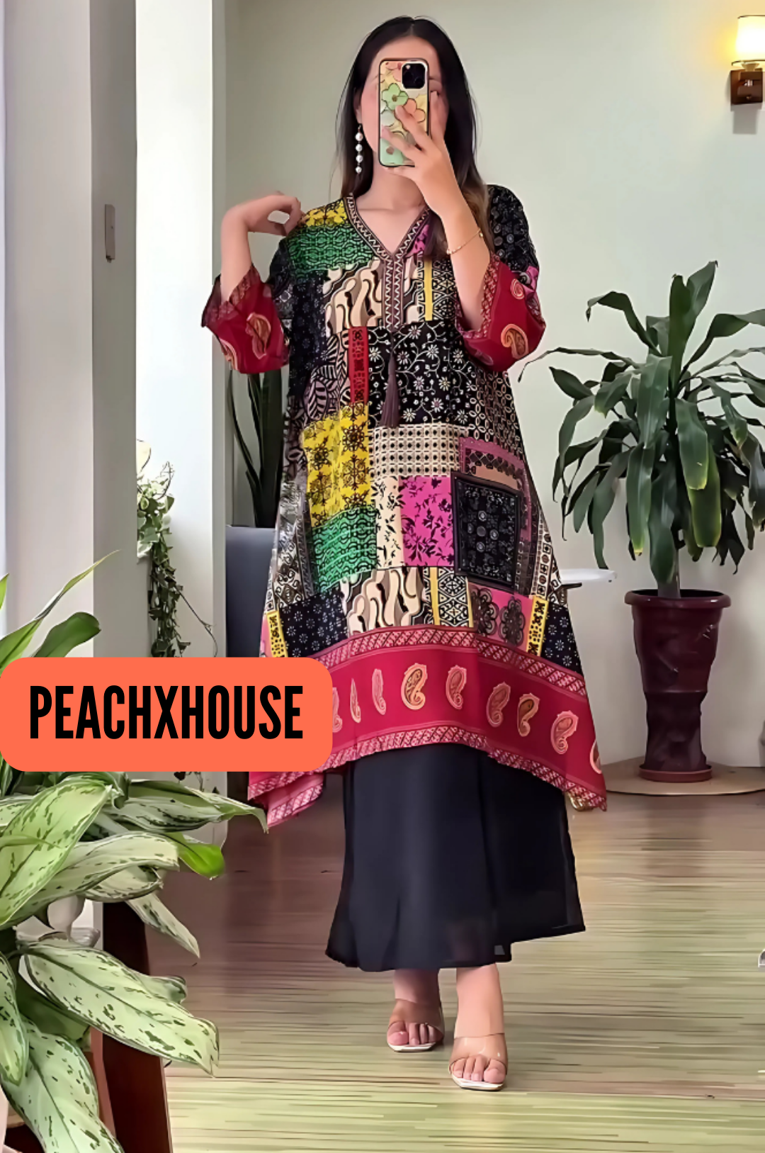 Stunning Long Patch Work Printed Kurti Pallazo Set