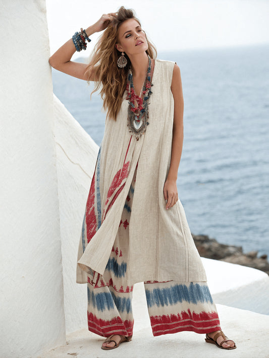 Cotton and linen long vest suit Ivory Rust