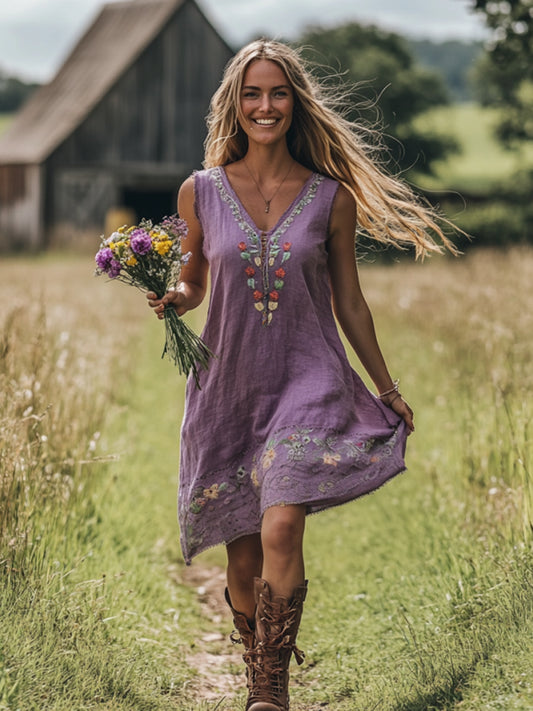Spring Girl Green Pastoral Style Retro Floral Art Linen Tank Dress