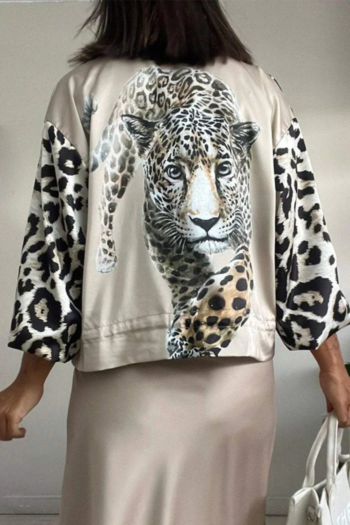 Leopard print drawstring bomber jacket