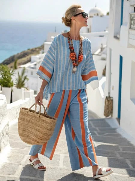 Cotton and linen women's sky blue Striped Suit