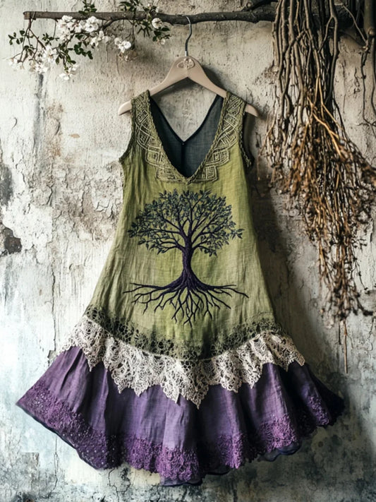 Viking Tribal Celtic Knot Life Of Tree Lace Patchwork Art Linen Tank Dress