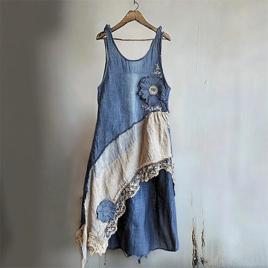 Flowers Denim Textile Lace Patchwork Tank Dress