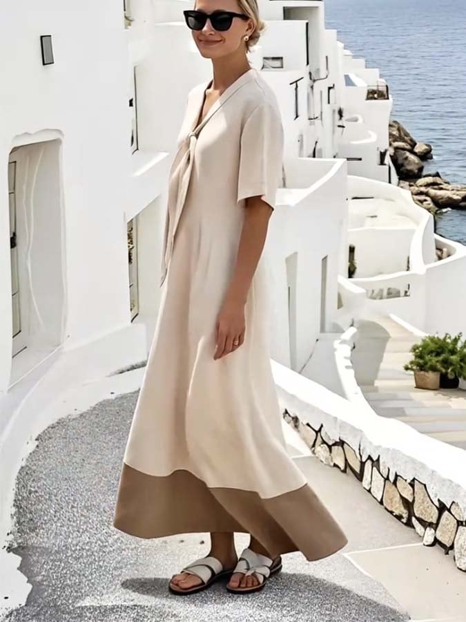 Loose Knot Neck Stitching Contrast Color Dress
