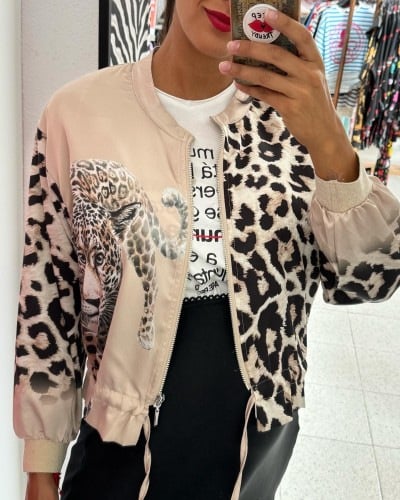 Leopard print drawstring bomber jacket