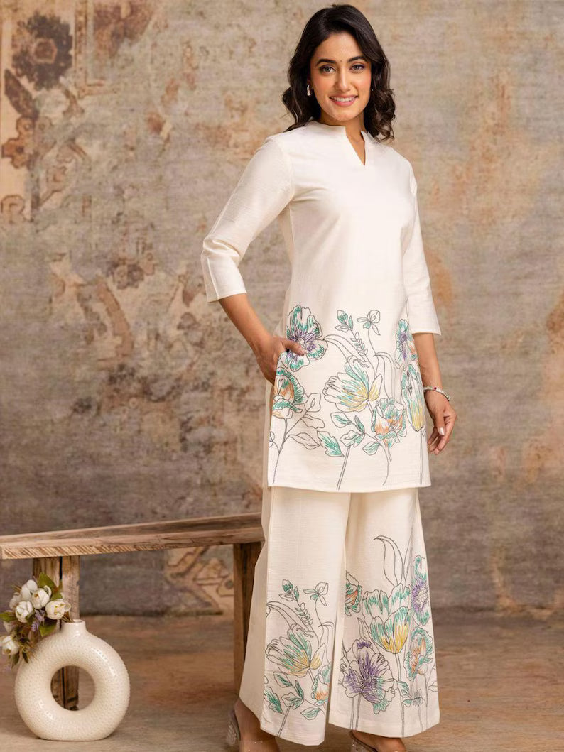Linen Flex Cotton Two Piece Embroidered Co-ord Set