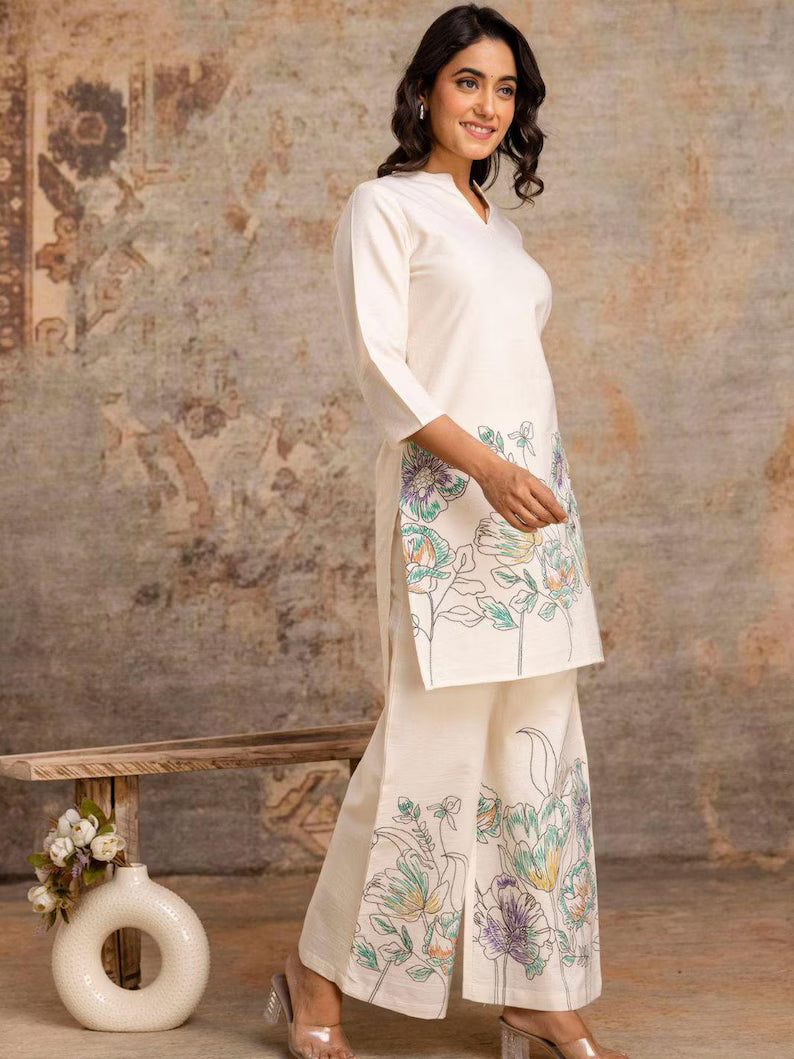 Linen Flex Cotton Two Piece Embroidered Co-ord Set