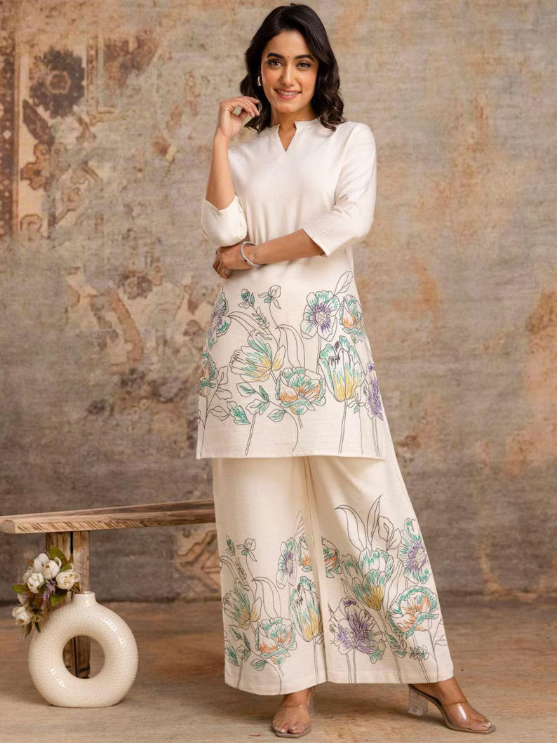 Linen Flex Cotton Two Piece Embroidered Co-ord Set