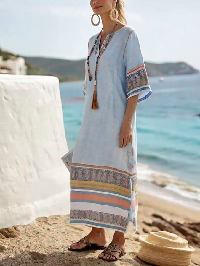 Holiday Stripe Print V Neck Three-Quarter Sleeve Loose Dress