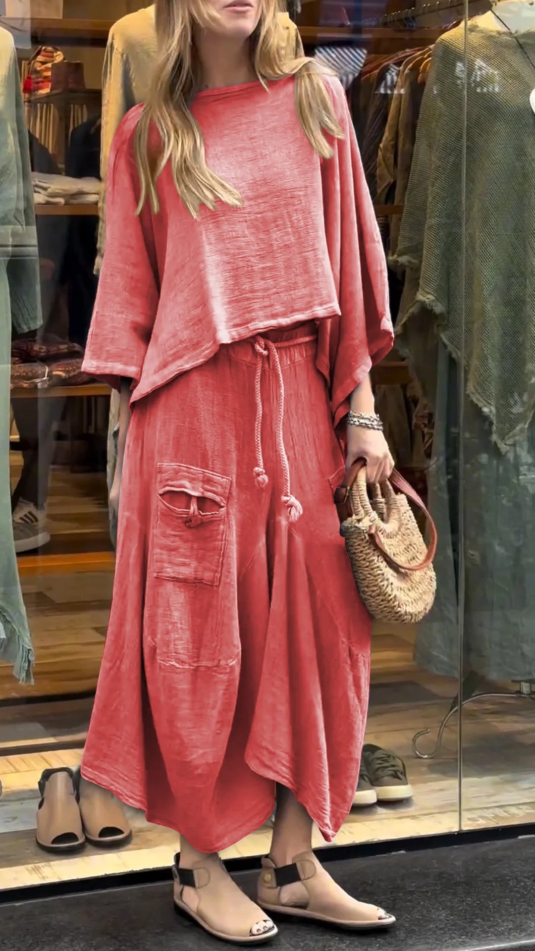 Round Neck Mid-length Sleeve Casual Cotton and Linen Suit