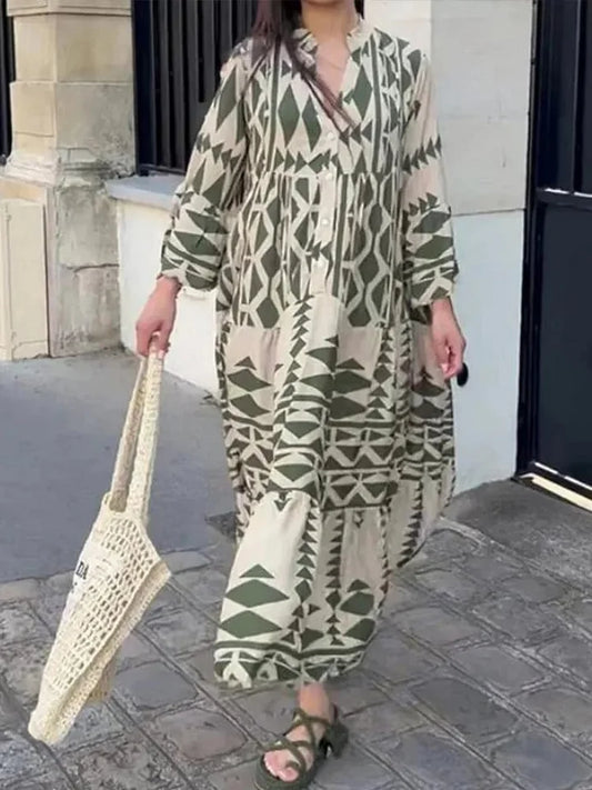 Classy Oversized Retro Print V-Neck Dress