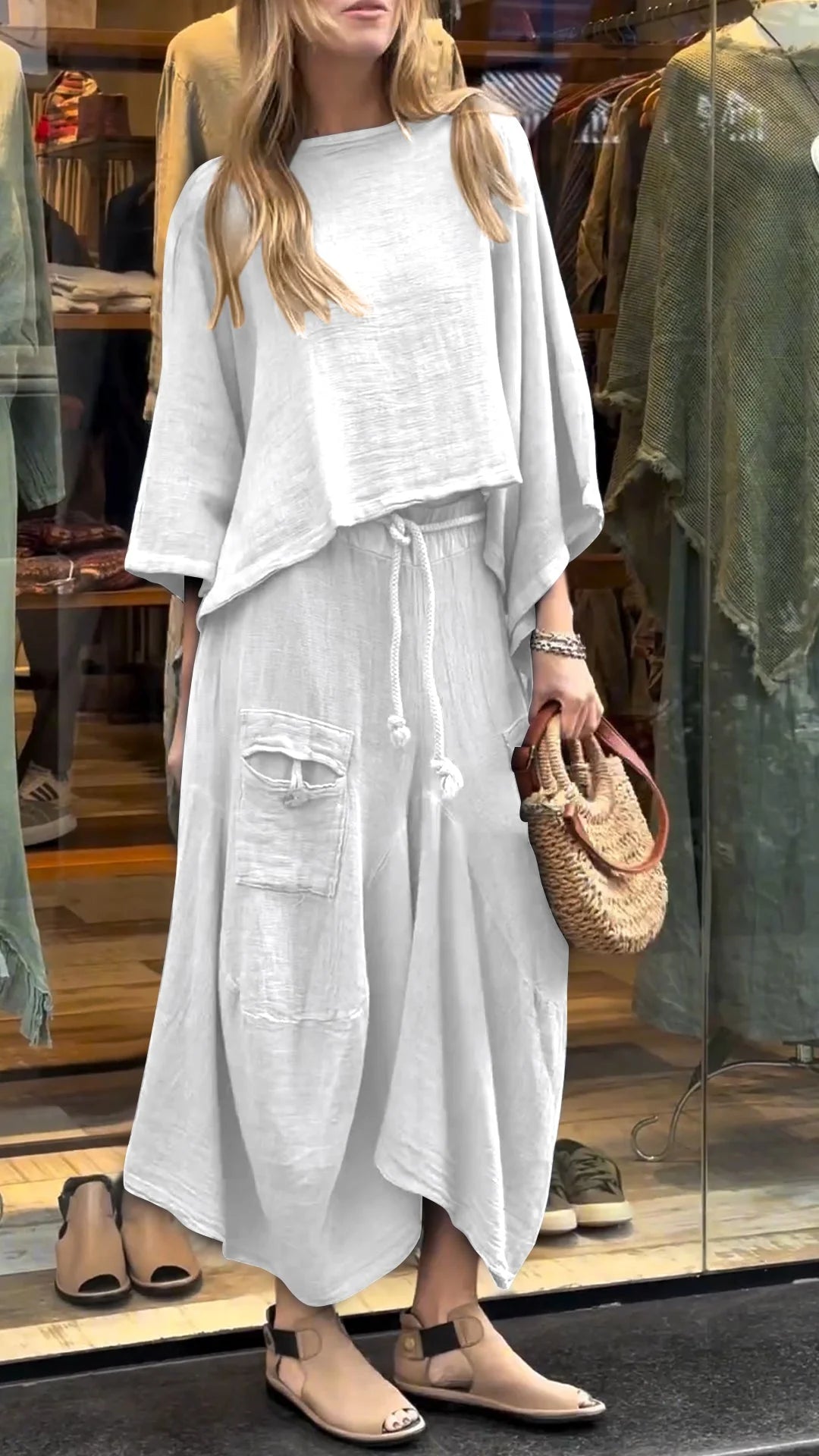 Round Neck Mid-length Sleeve Casual Cotton and Linen Suit