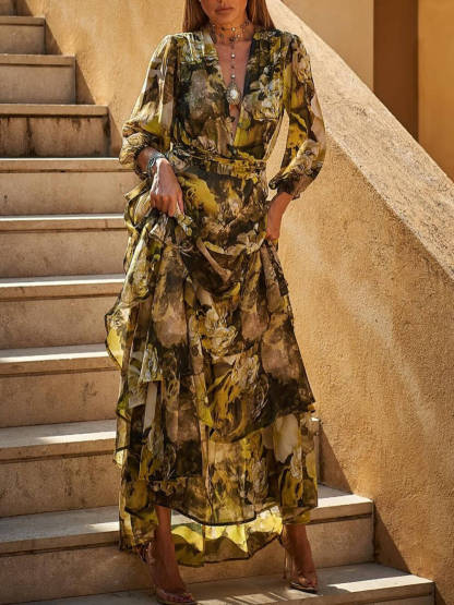 Elegant Floral Print Tiered Waist-Cinched Maxi Dress