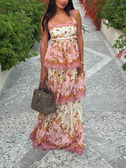 Delicate Floral Print Off-Shoulder Tiered Cami Maxi Dress