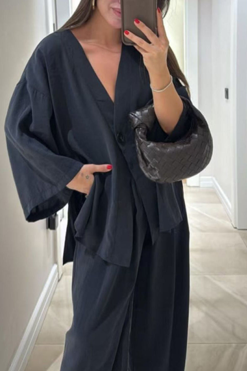 V-neck button cotton and linen casual suit