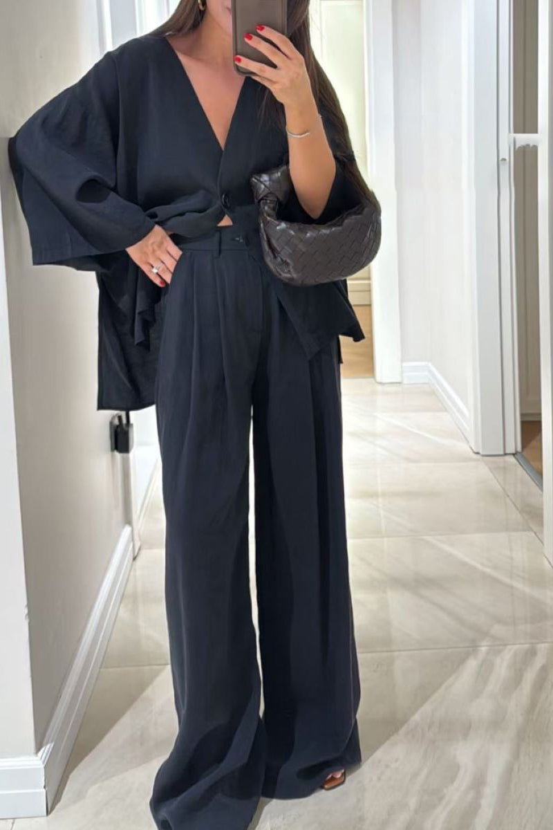 V-neck button cotton and linen casual suit