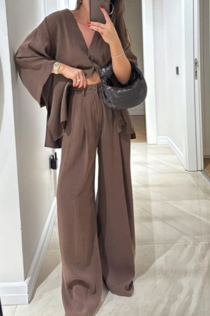 V-neck button cotton and linen casual suit