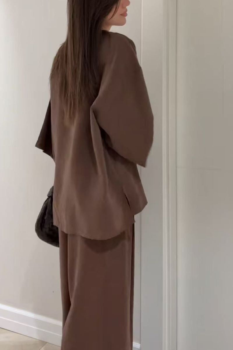 V-neck button cotton and linen casual suit