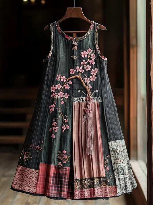 Women's Cherry Blossom Embroidery Patchwork Art Linen Tank Dress