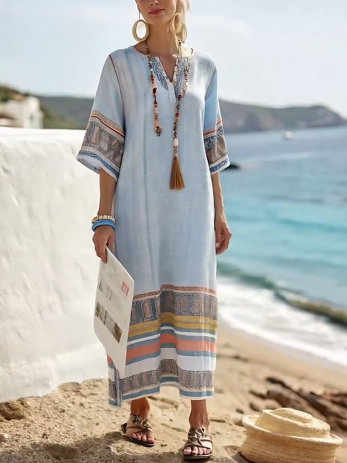 Holiday Stripe Print V Neck Three-Quarter Sleeve Loose Dress