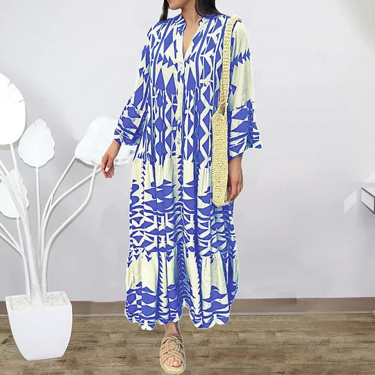 Classy Oversized Retro Print V-Neck Dress