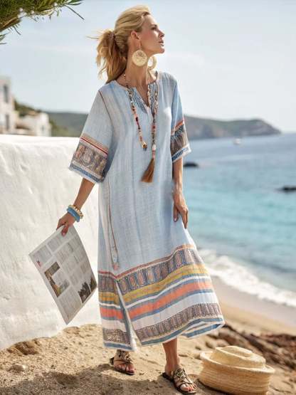 Holiday Stripe Print V Neck Three-Quarter Sleeve Loose Dress