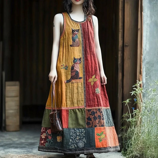 Vintage Floral & Cat Patchwork Linen Vest Long Dress