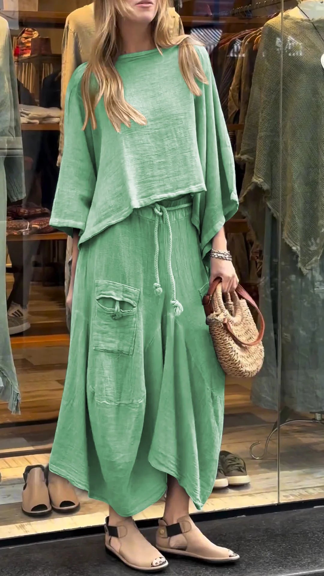Round Neck Mid-length Sleeve Casual Cotton and Linen Suit