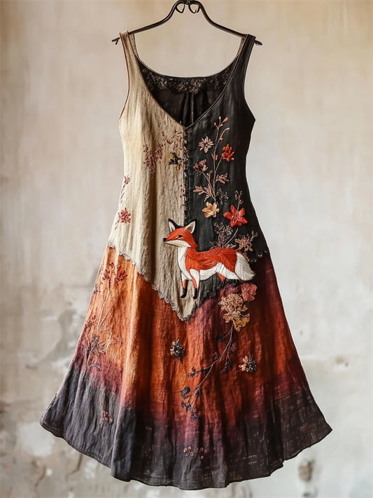 Vintage Fox Floral Embroidered Gradient Patchwork Linen Dress
