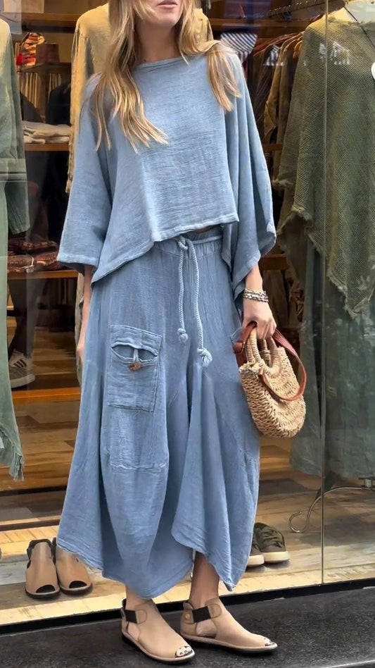 Round Neck Mid-length Sleeve Casual Cotton and Linen Suit